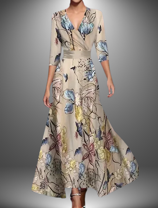 Cream floral long dress with V-neck wrap, 3/4 sleeves, full flared skirt