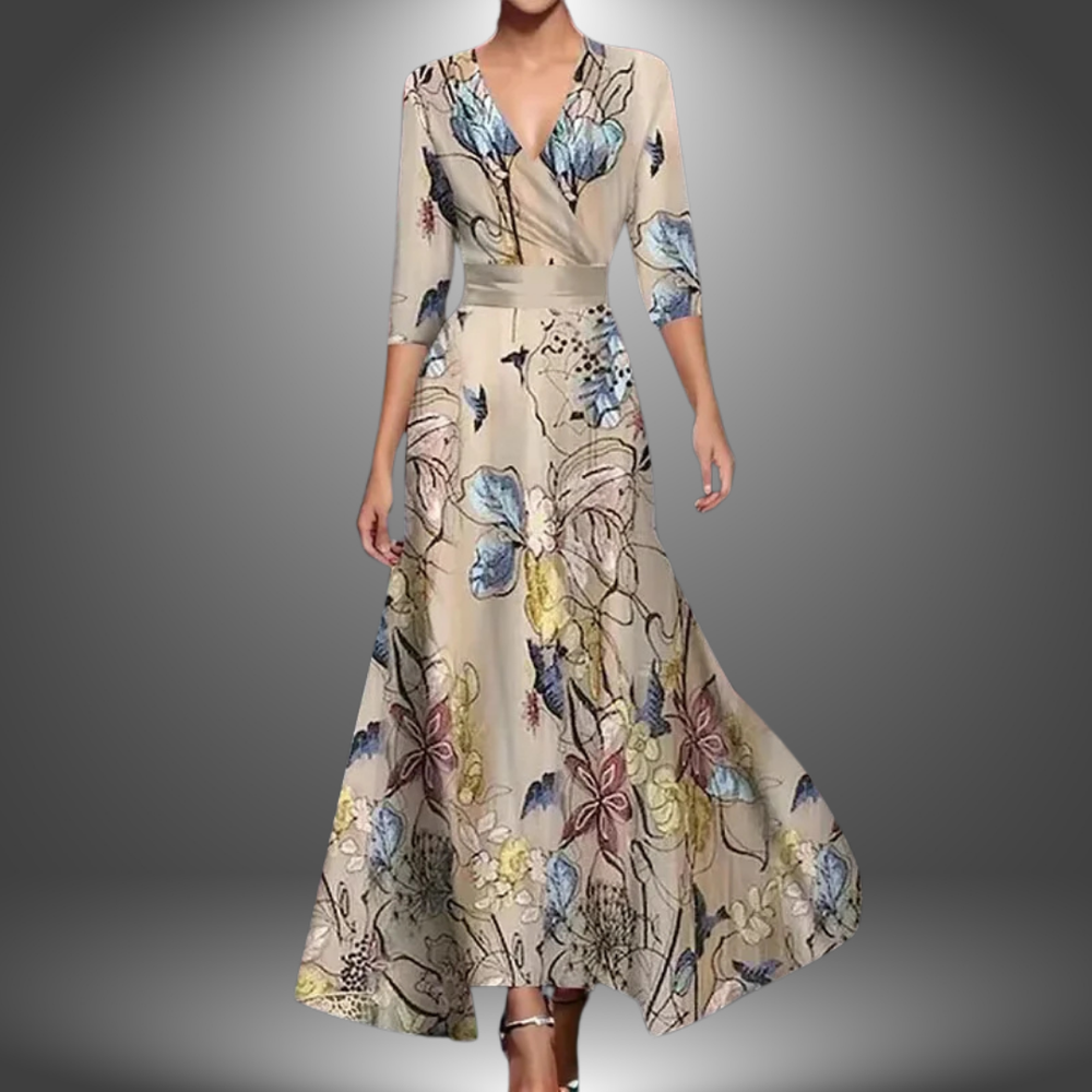 Cream floral long dress with V-neck wrap, 3/4 sleeves, full flared skirt