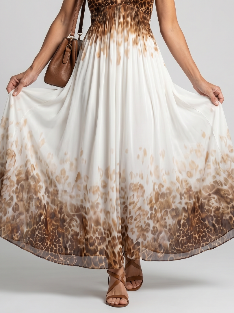 Pleated midi dress skirt close-up with white fabric and brown leopard print