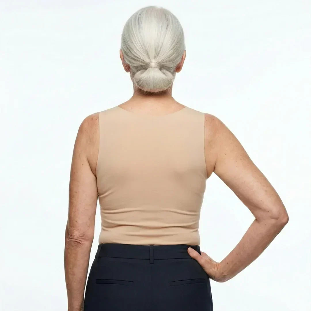 Nude built-in comfort bra tank top back view with wide straps and fitted waist