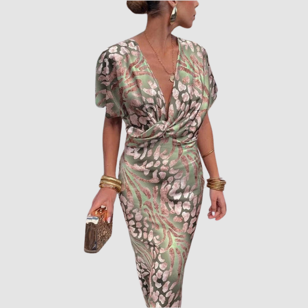 Mikaela™ maxi dress, green and blush leopard print, gathered waist with draped V-front