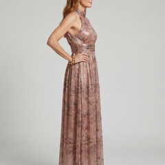 Textured finish sleeveless midi dress, mauve-pink, halter back and pleated skirt