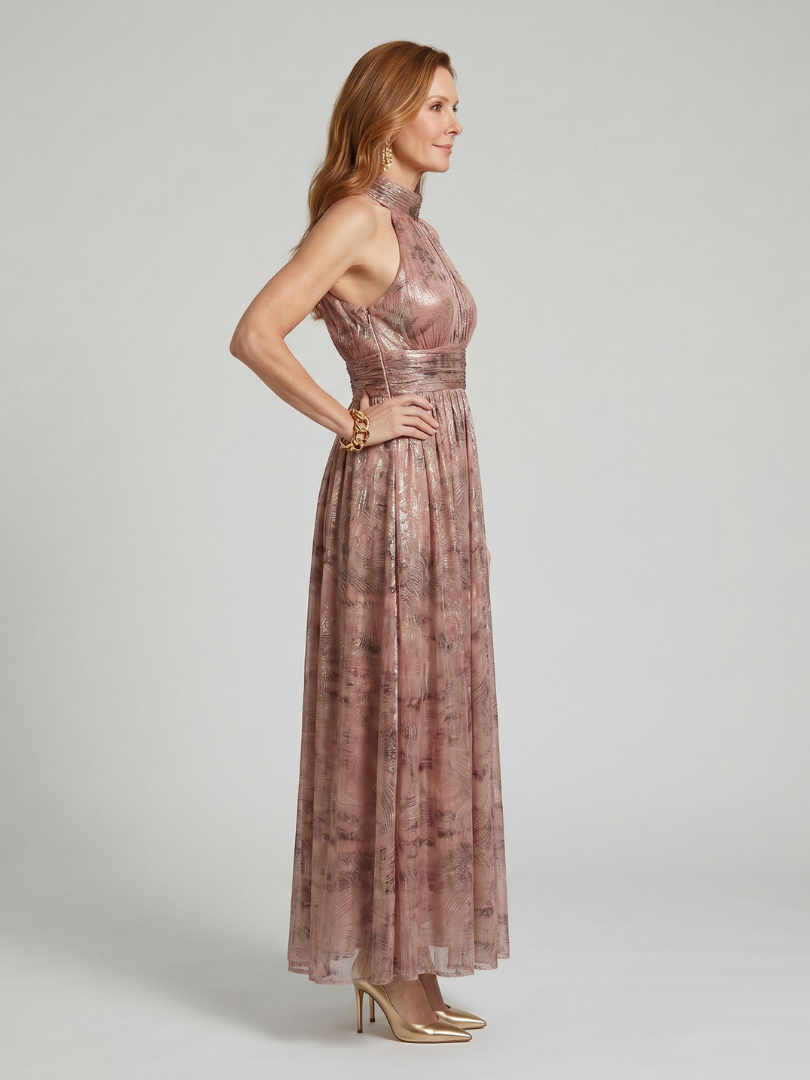 Textured finish sleeveless midi dress, mauve-pink, halter back and pleated skirt