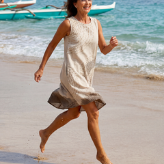 White textured midi dress, sleeveless round neckline, flowing hem for walking