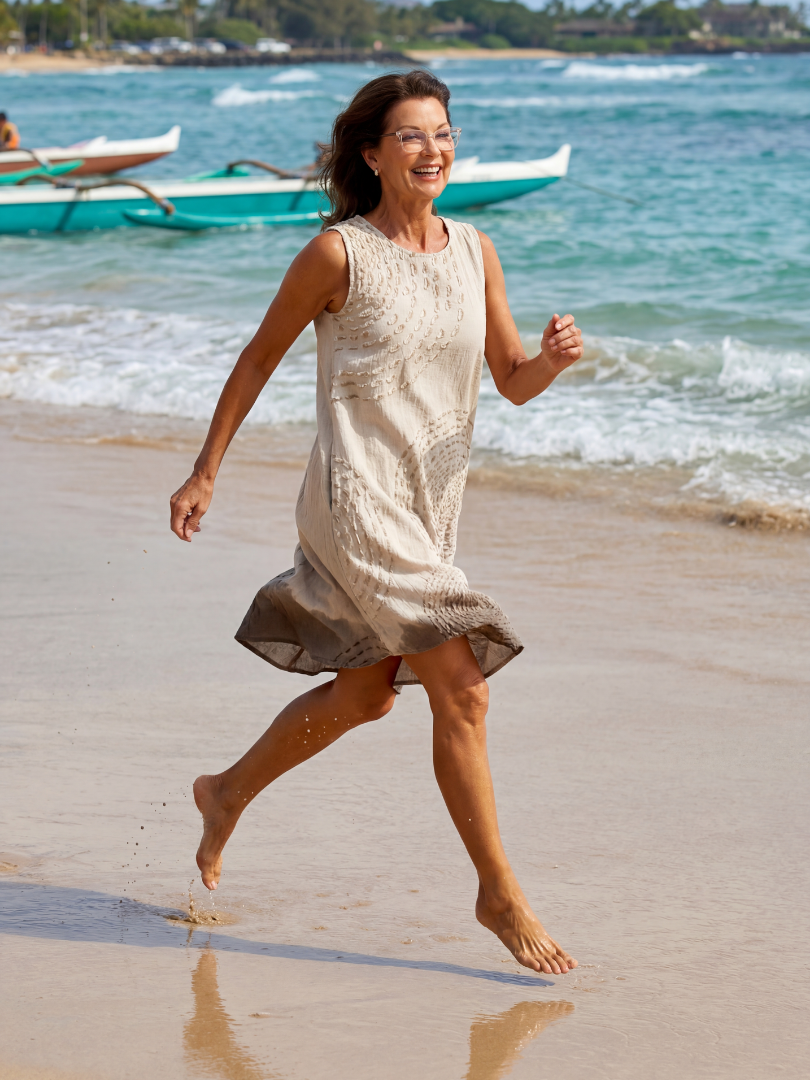 White textured midi dress, sleeveless round neckline, flowing hem for walking
