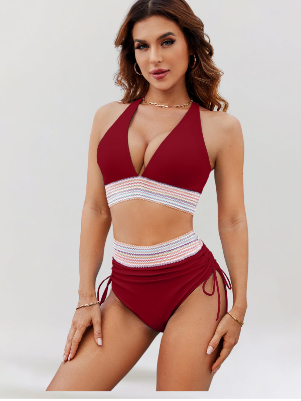 Red bikini set with V-neck top and striped tummy band, ruched tie-side bottoms