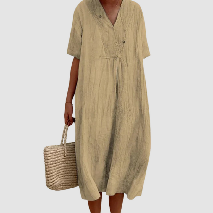 Khaki bohemian dress with V-neck, short sleeves, gathered waist, airy midi