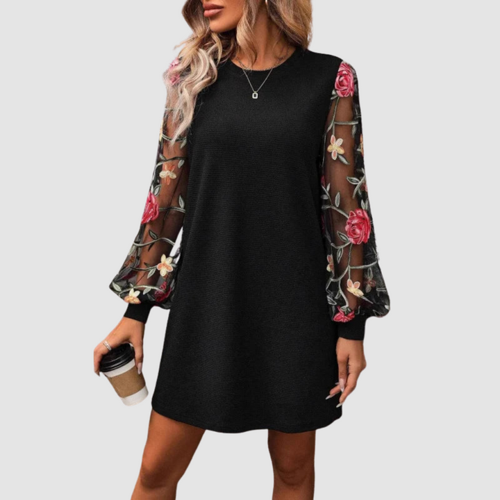 Black lace long-sleeve shift dress with crew neck and rose-print sheer sleeves