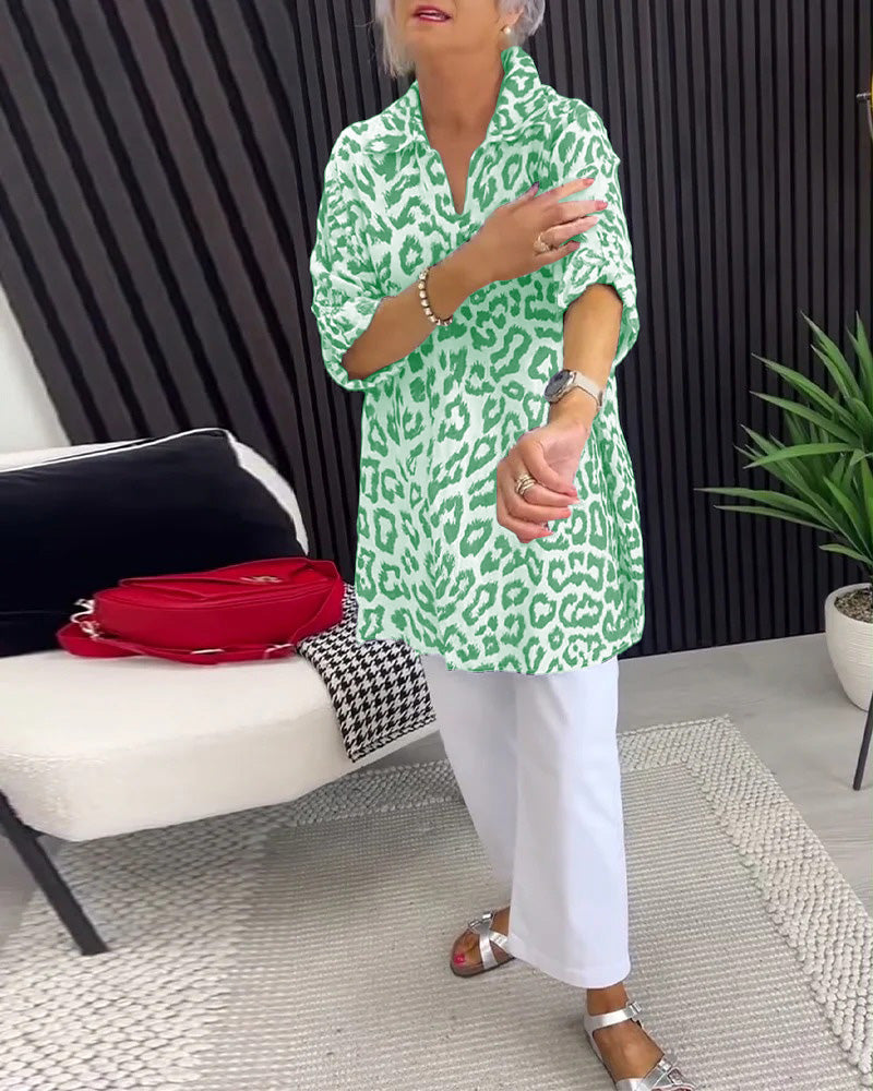 Green leopard print blouse with V collar and elbow-length sleeves