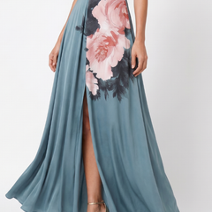 Halter maxi dress with teal skirt, large pink and dark floral print, front slit
