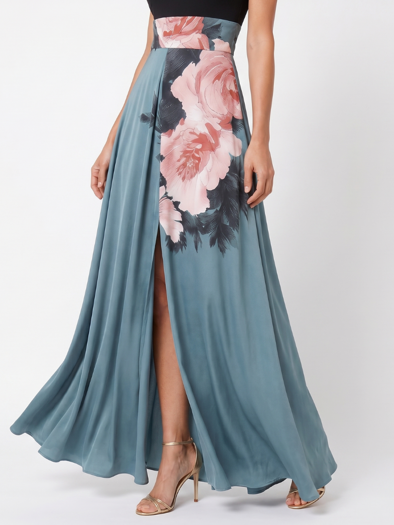 Halter maxi dress with teal skirt, large pink and dark floral print, front slit
