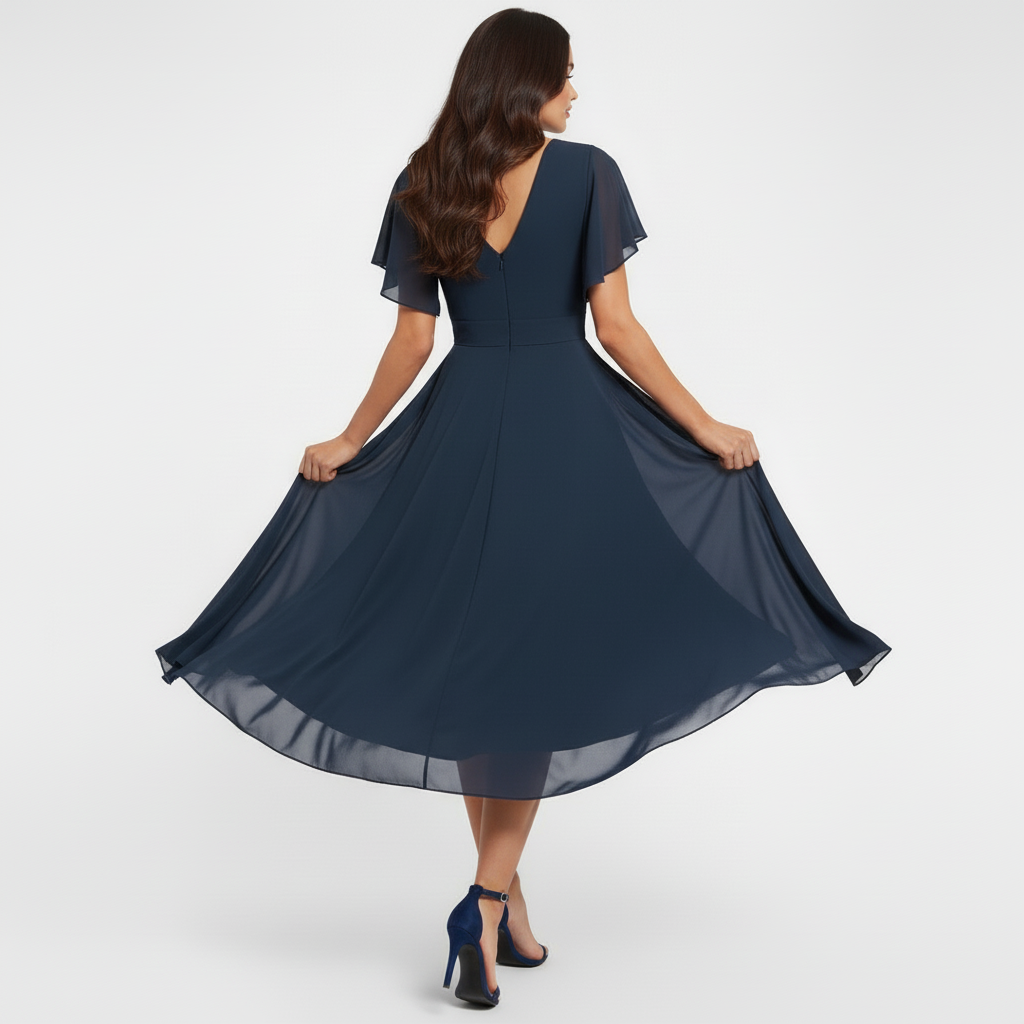 Flowing V-neck maxi dress, dark navy, gathered waist and flared maxi-length skirt