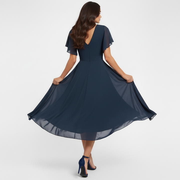 Flowing V-neck maxi dress, dark navy, gathered waist and flared maxi-length skirt