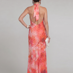 Orange halter neck maxi dress with pink abstract print, open back detail