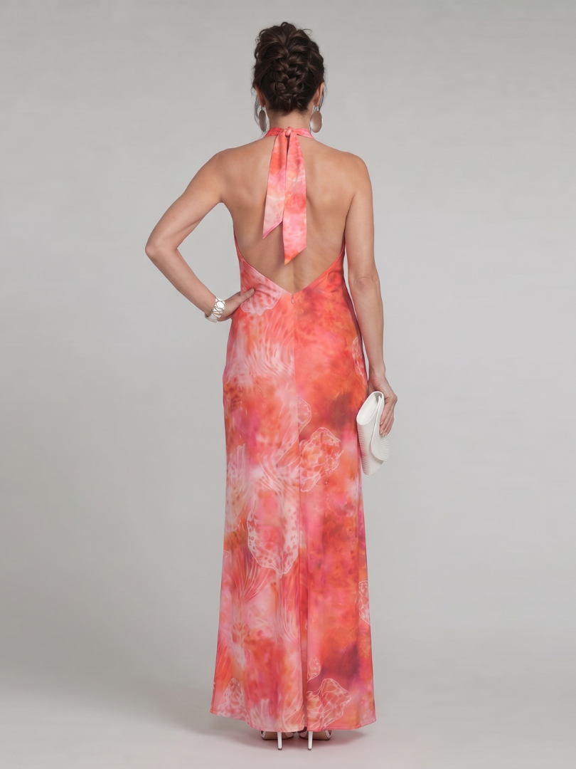 Orange halter neck maxi dress with pink abstract print, open back detail