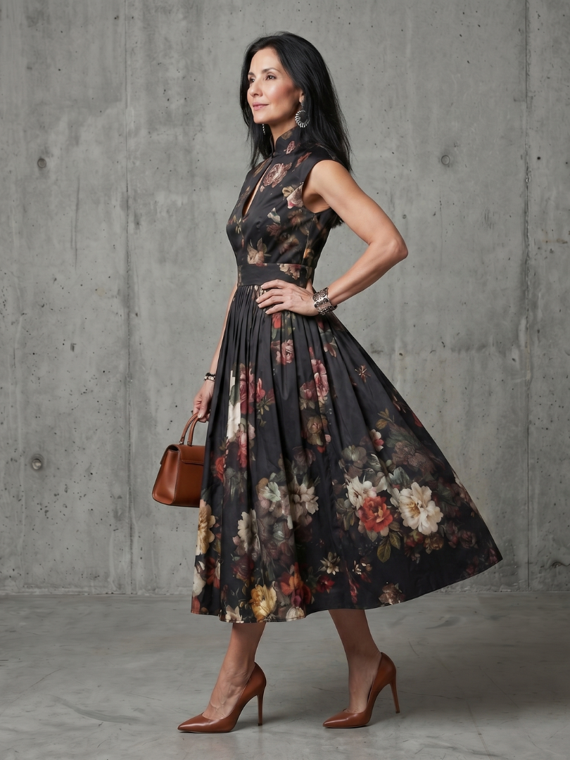 Black floral sleeveless midi dress with high-neck keyhole and pleated skirt