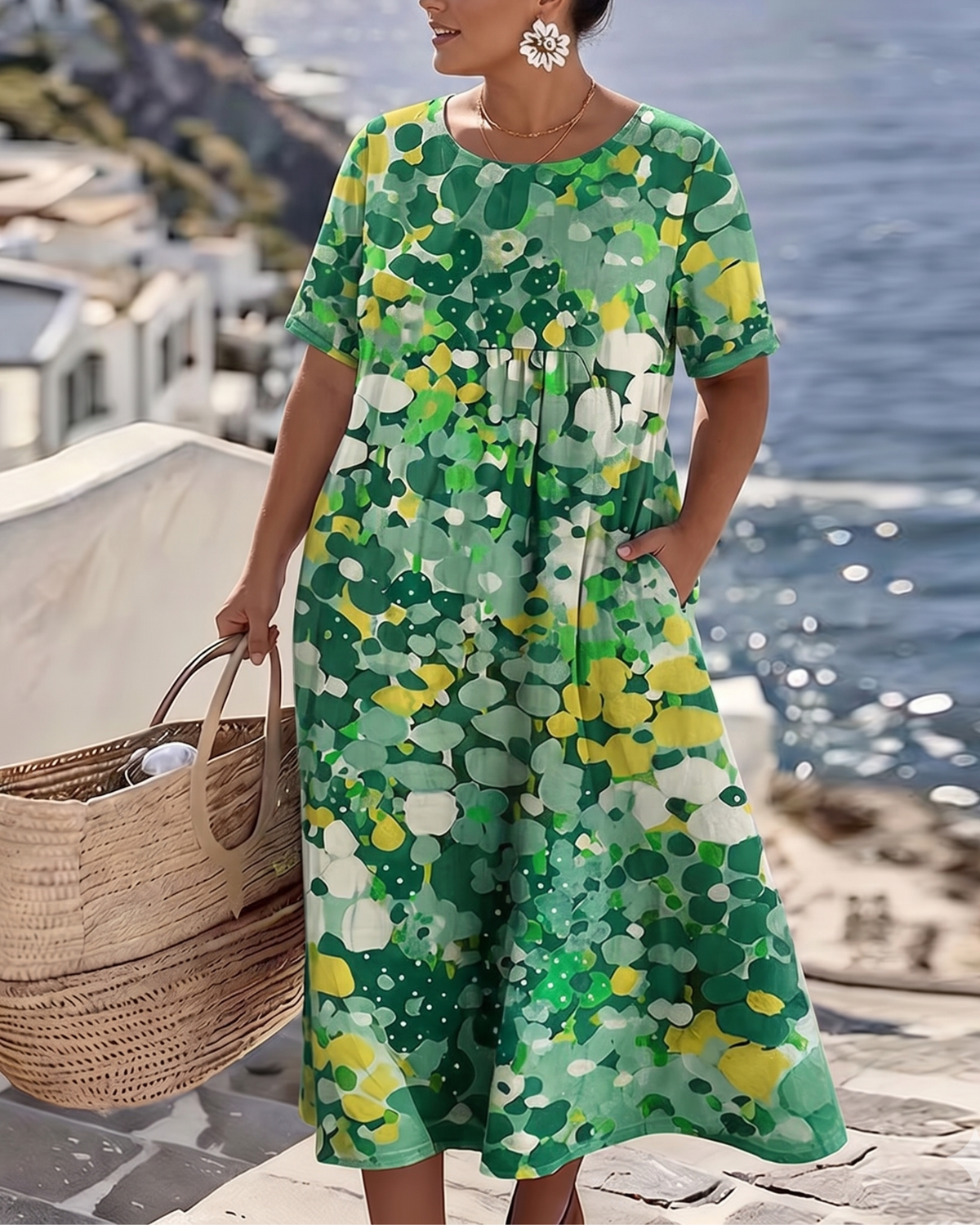 Green floral midi dress with short sleeves and round neckline, loose gathered skirt