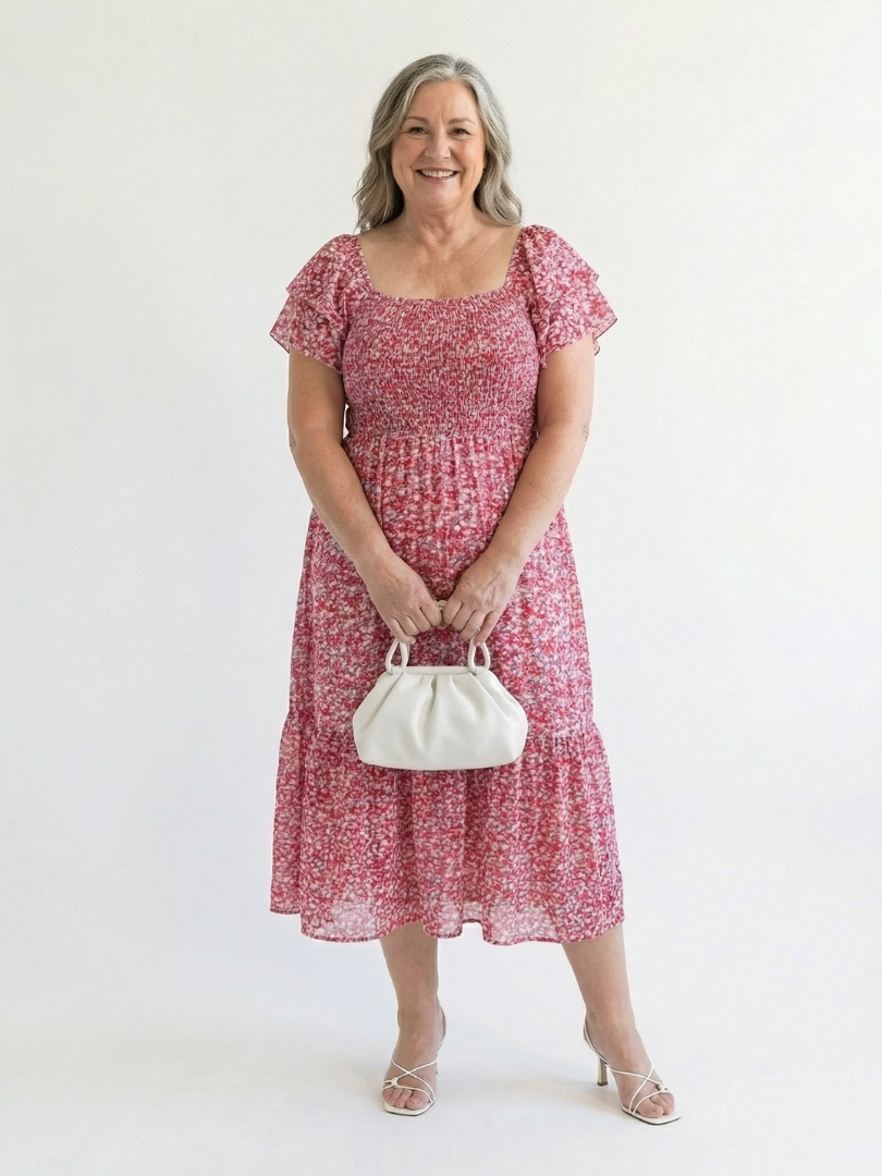 Pink floral off-shoulder smocked midi dress with short puff sleeves and gathered tiers