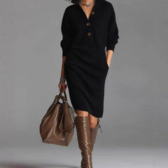 Warm knit button-front dress, black, long sleeves, collared neckline