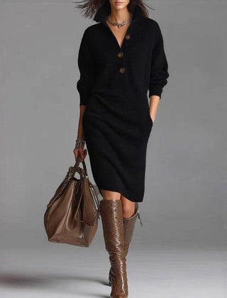 Warm knit button-front dress, black, long sleeves, collared neckline