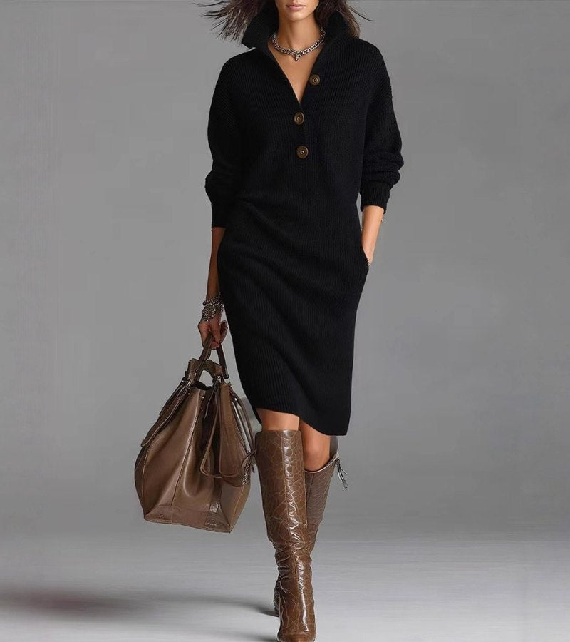 Warm knit button-front dress, black, long sleeves, collared neckline