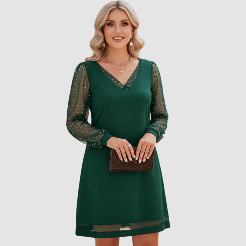 Versie™ elegant dress in green with V-neck, sheer dotted long sleeves, straight skirt hem