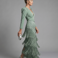 Green long-sleeve V-neck midi fringe dress with draped waist and tassel tiers