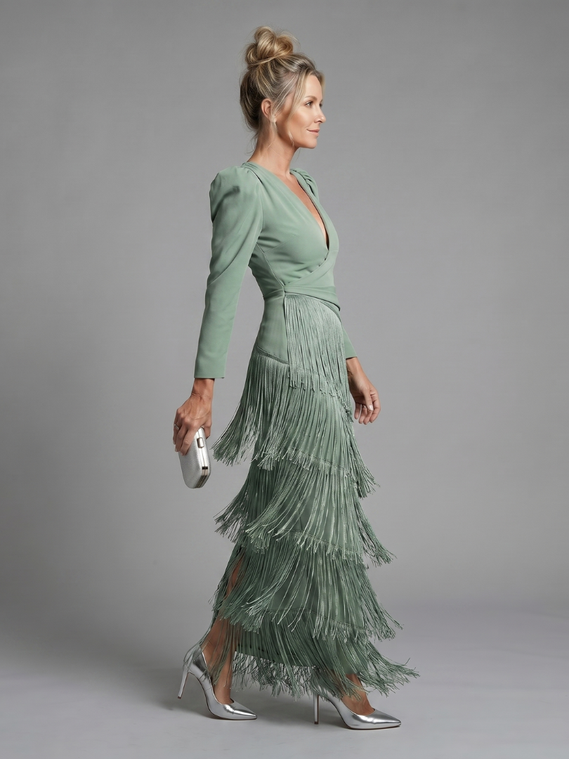 Green long-sleeve V-neck midi fringe dress with draped waist and tassel tiers