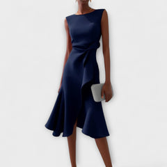 Navy blue draped asymmetric midi dress, sleeveless with knotted side detail and flared hem