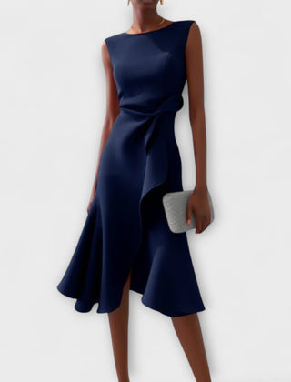 Navy blue draped asymmetric midi dress, sleeveless with knotted side detail and flared hem