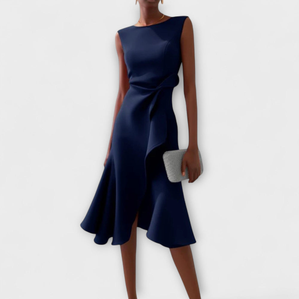 Navy blue draped asymmetric midi dress, sleeveless with knotted side detail and flared hem