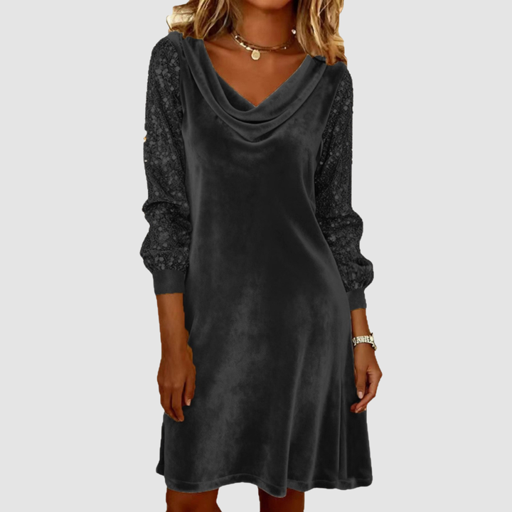Black velvet midi dress with draped cowl neckline and sequin mesh sleeves