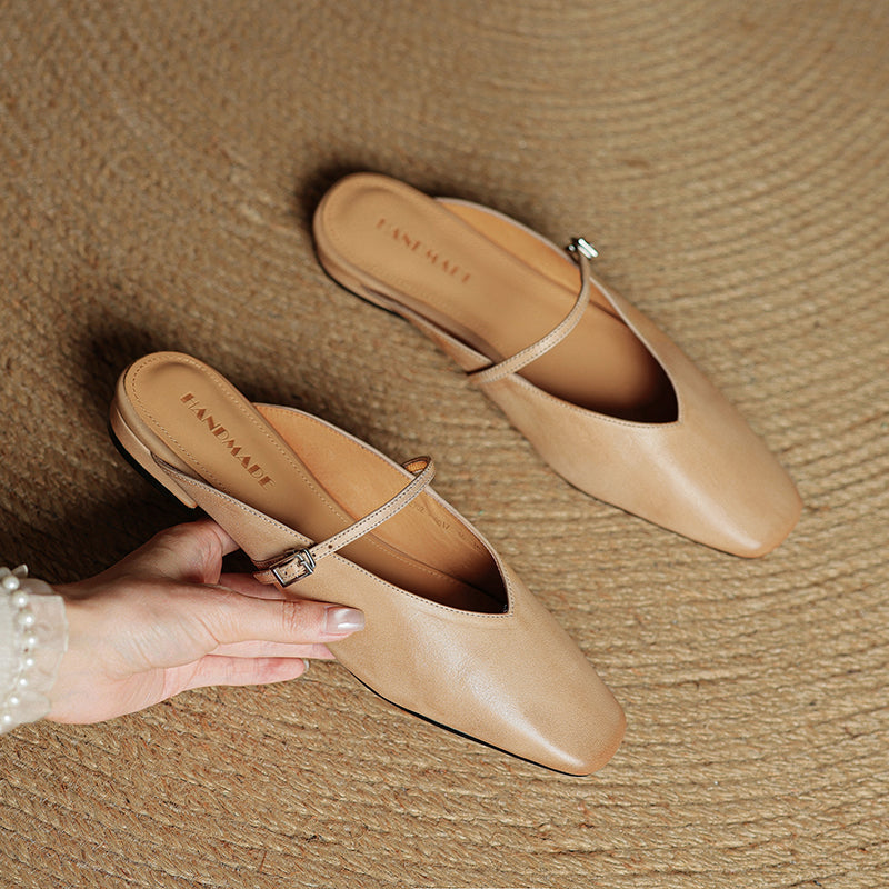 Miral genuine leather mules in apricot, pointed slip-ons with sling strap and buckle
