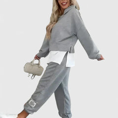 Gray hooded sweatshirt and jogger set with white layered underpiece