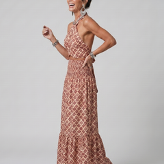 Red geometric halter midi dress with cutout neckline and tied waist