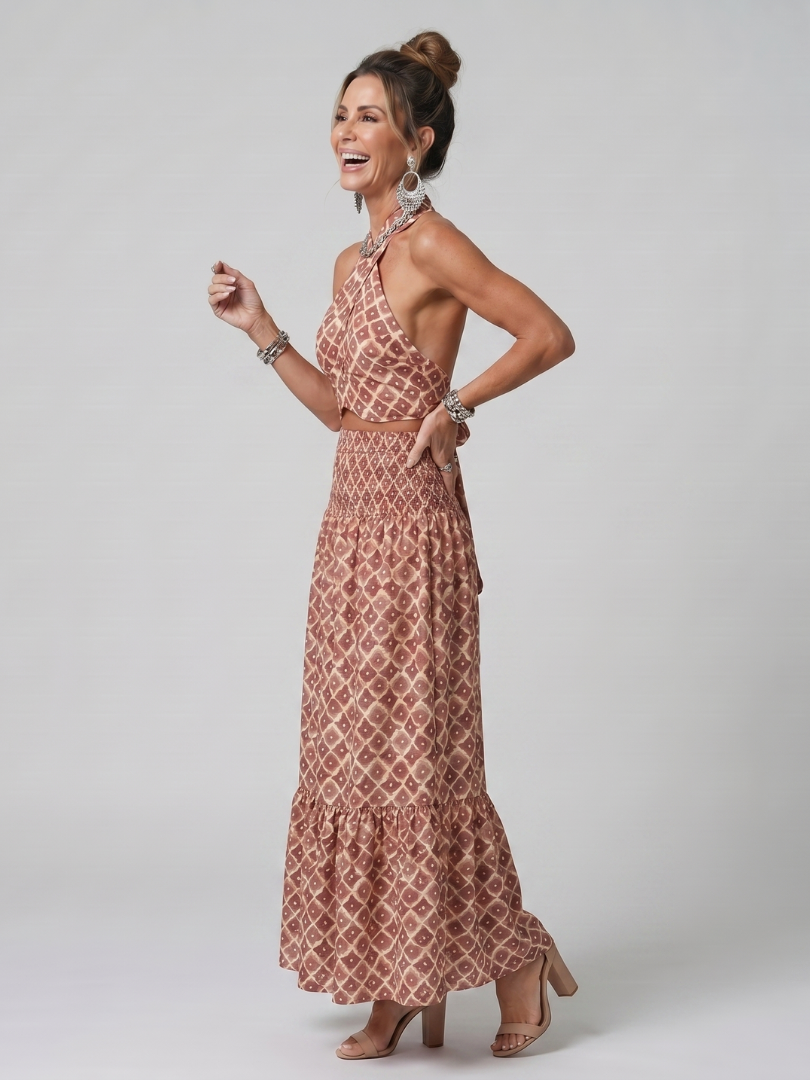 Red geometric halter midi dress with cutout neckline and tied waist