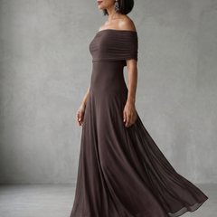Off-shoulder draped midi dress in brown, side view with gathered neckline and skirt