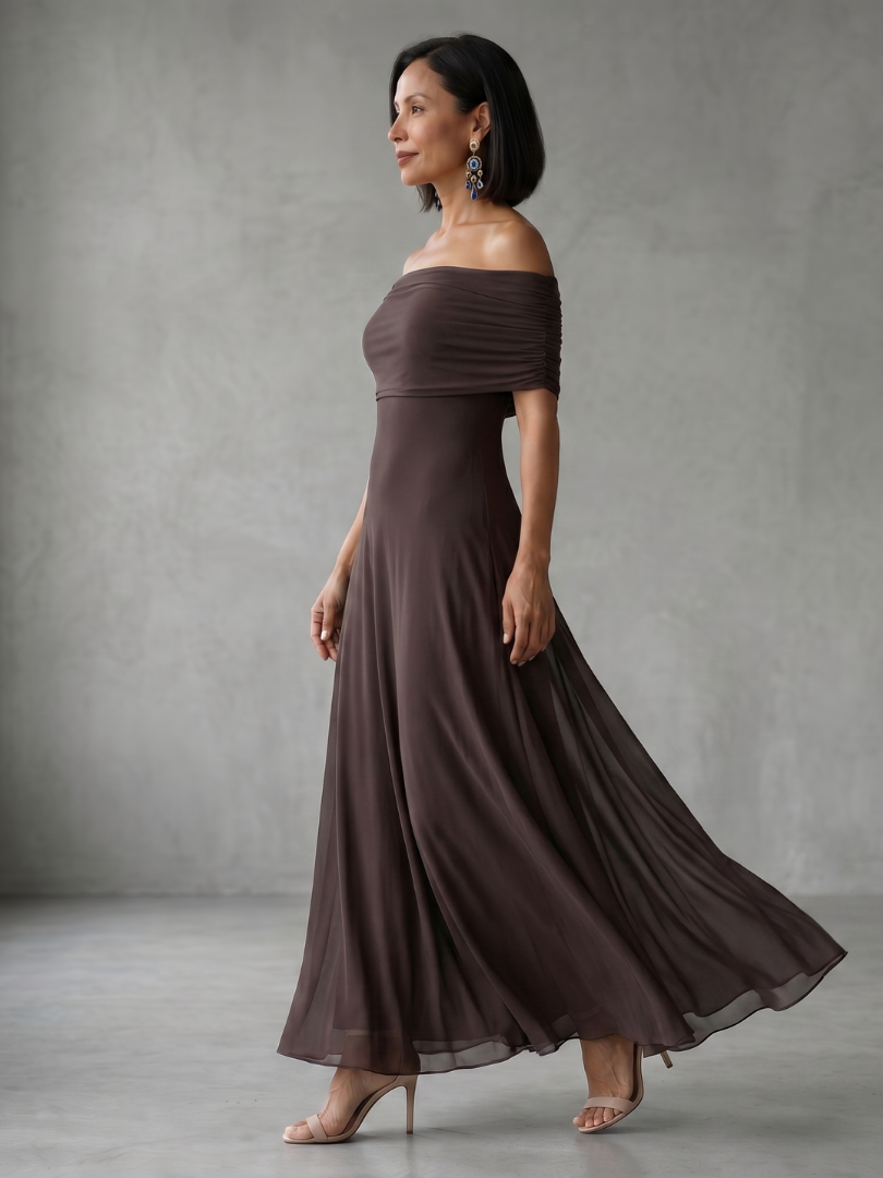 Off-shoulder draped midi dress in brown, side view with gathered neckline and skirt