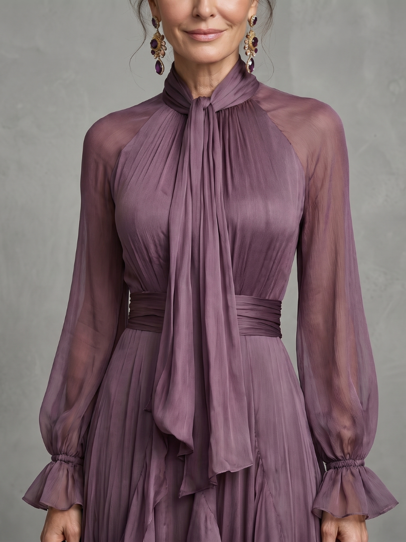 Purple tie-neck maxi dress with layered ruffles, sheer long sleeves, and belted waist