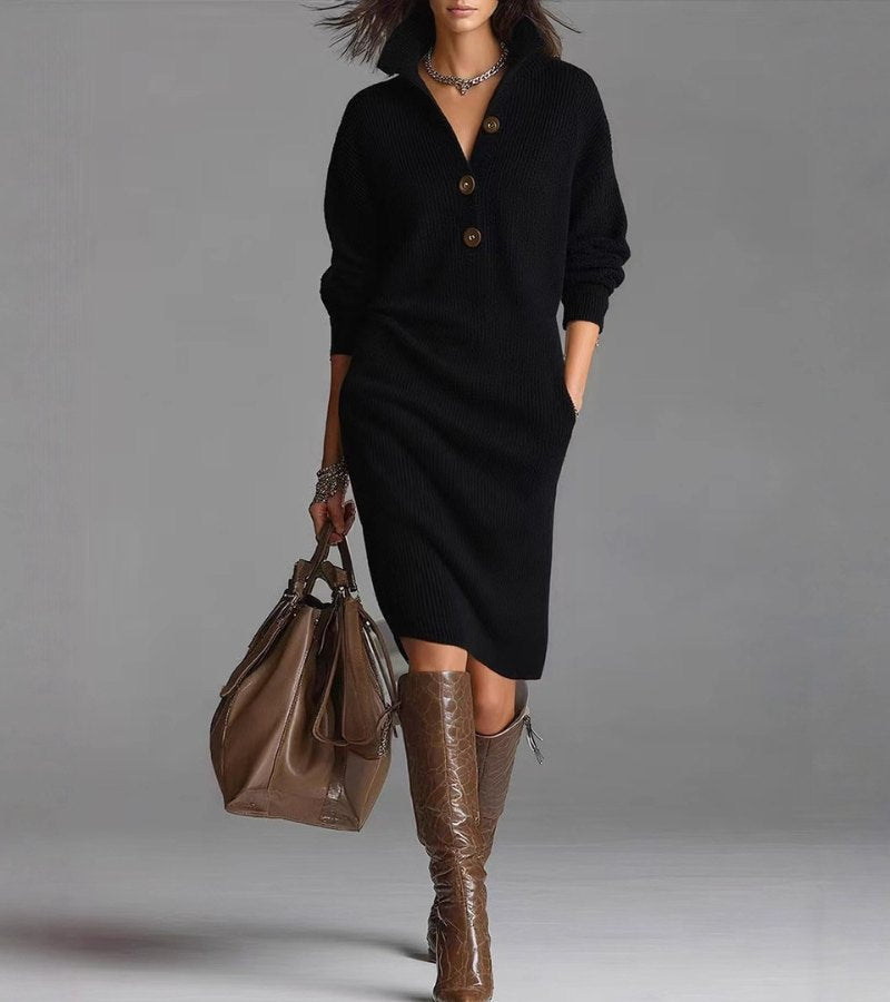 Black knit midi dress with button-front placket and long sleeves