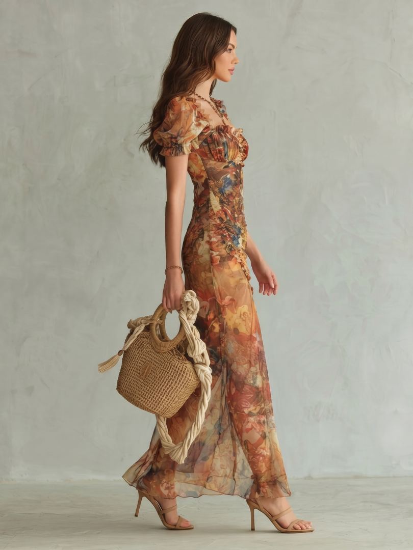 Multicolor ruched midi dress with ruffled sleeves and side slit, floral print.