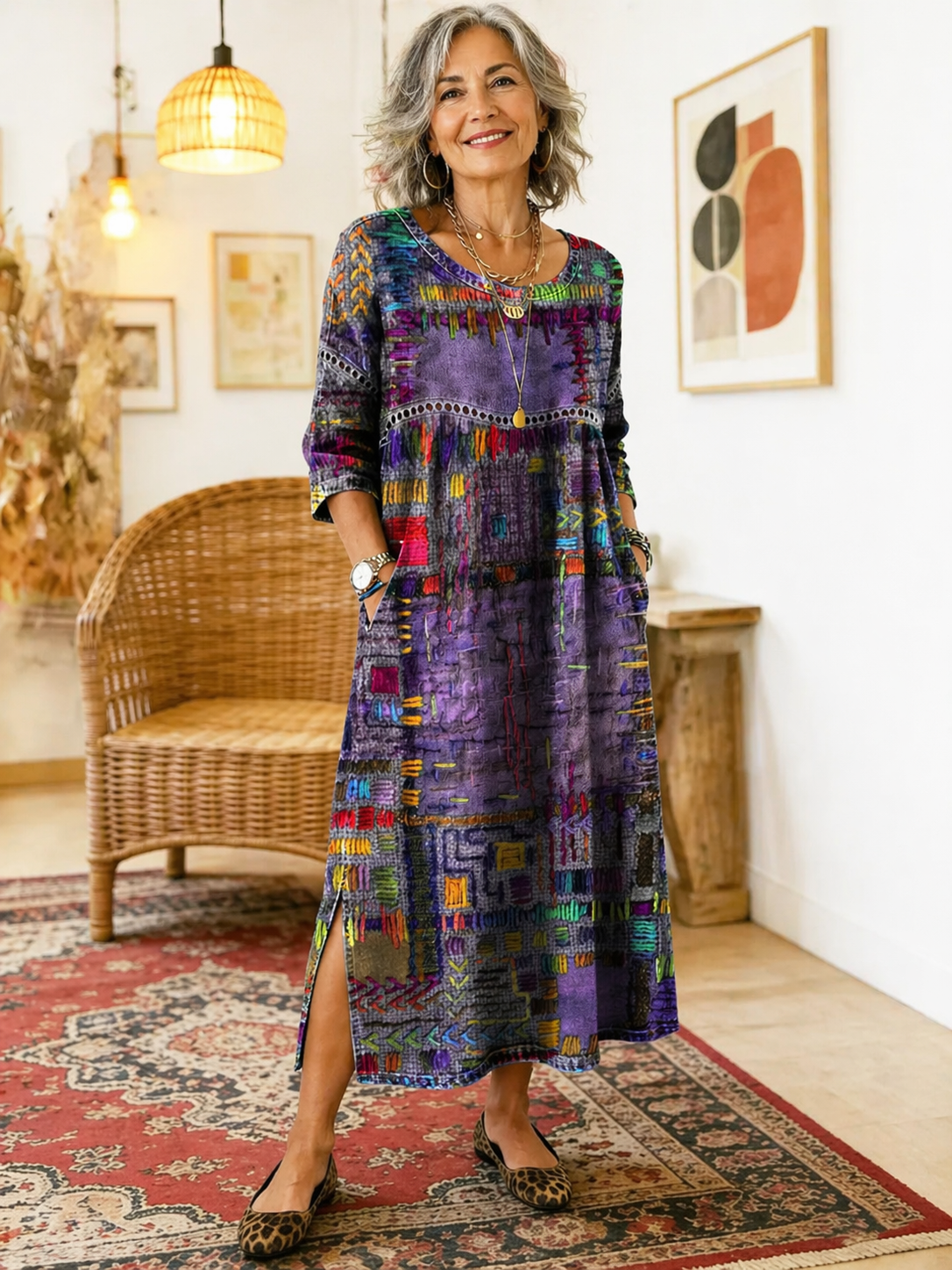 Purple-and-multicolor patchwork midi dress with round neck, long sleeves, and slit