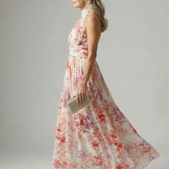 Elyon floral maxi dress, sleeveless halter style with gathered bodice and tiered skirt