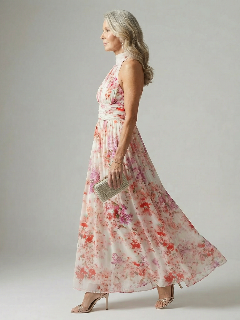 Elyon floral maxi dress, sleeveless halter style with gathered bodice and tiered skirt