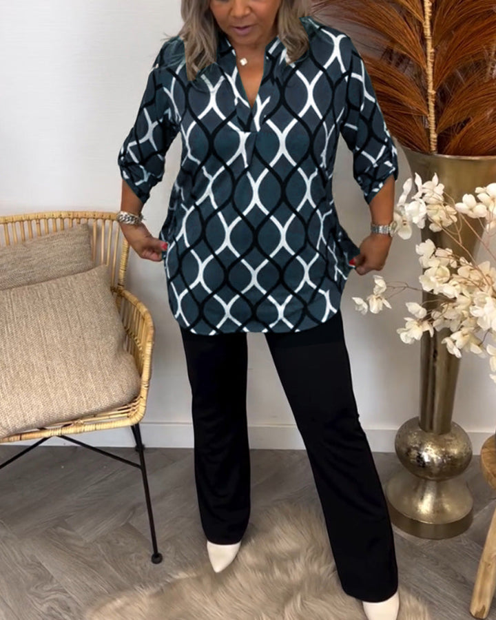 Graphic print blouse, black and white oval link pattern, relaxed fit, button-up V-neck, 3/4 sleeves
