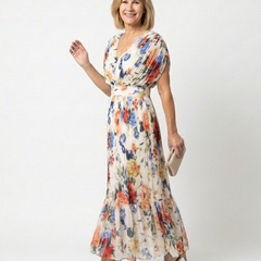 Floral pleated midi dress with short sleeves, V-neck, gathered waist; side view