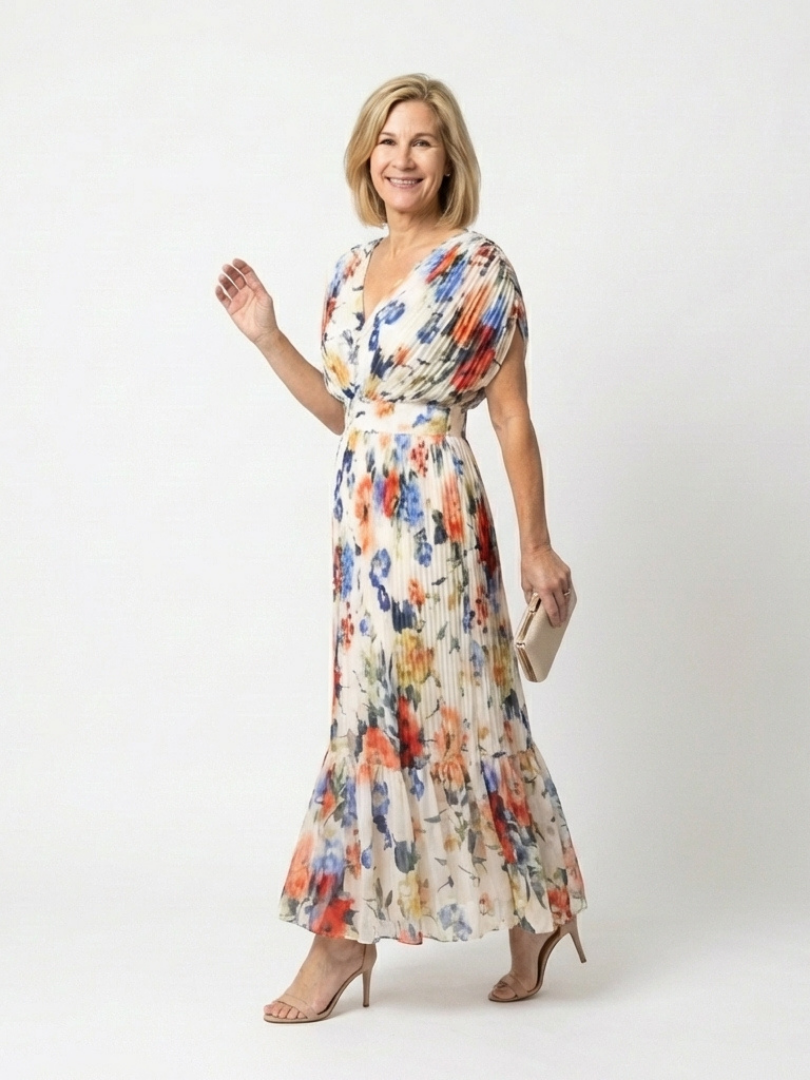 Floral pleated midi dress with short sleeves, V-neck, gathered waist; side view