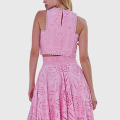 Pink lace crop top and matching midi skirt set with high neckline and open back