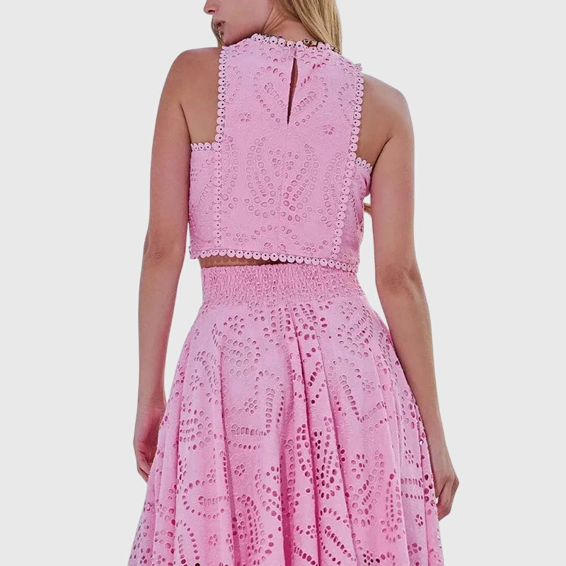 Pink lace crop top and matching midi skirt set with high neckline and open back