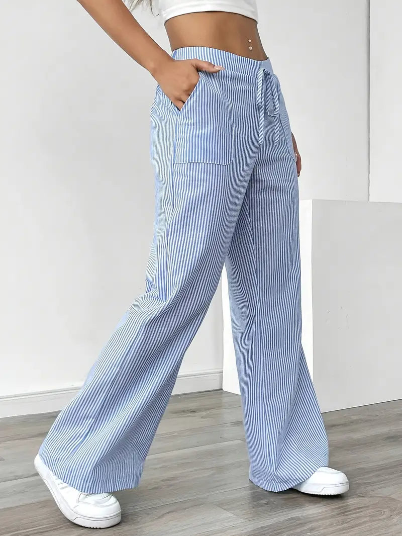 Relaxed wide-leg pinstripe pants, elastic waist with drawstring, light blue/white